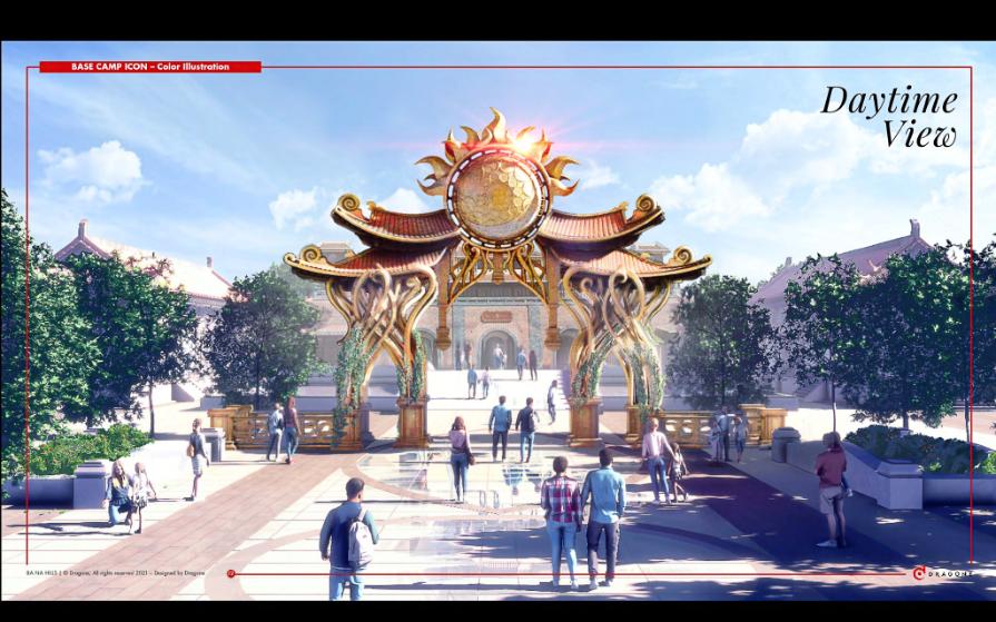 Daytime concept illustration — the arch reading as a welcoming threshold against the resort's pale stone, sized to the flow of arriving guests. Production design by Patrick Larsen, Studio Bound.