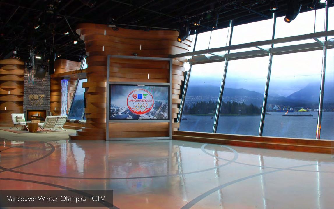 CTV's Vancouver 2010 Winter Olympics broadcast studio — a cedar-clad set overlooking Burrard Inlet at Canada Place. BDA Gold winner. Production design by Patrick Larsen.