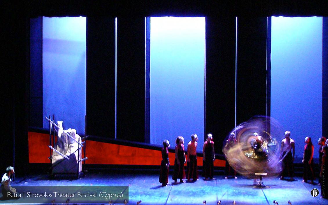 Petra (2004), Strovolos Theatre Festival, Nicosia, Cyprus — ensemble scene with copper-plated rotating doors. Set design by Patrick Larsen.