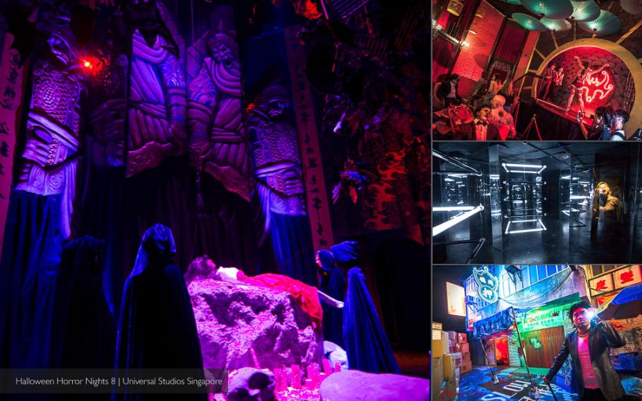 HHN8 built sets: temple guardians under UV light, neon mirror corridor, and Hong Kong street scene.