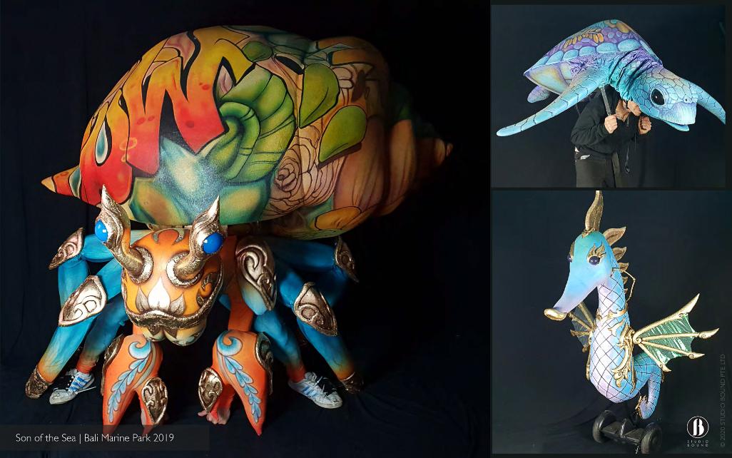 Creature puppets — a giant painted crab, a turtle and a seahorse on a Segway base — built for Varuna at Bali Safari & Marine Park.
