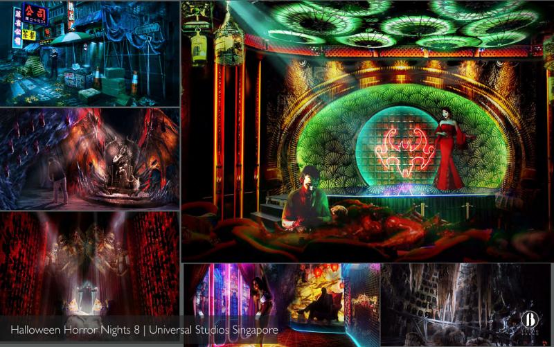 Concept renderings for an HHN8 scare maze: back-alley exterior, red cavern, and ornate stage tableau.