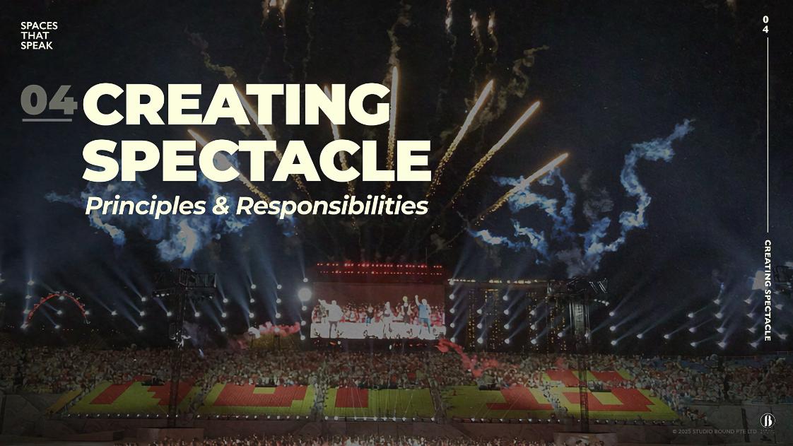 Keynote section slide reading Creating Spectacle, Principles and Responsibilities.