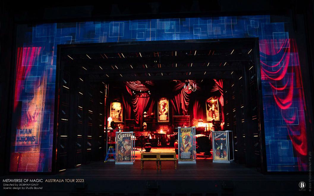 A vintage magic parlour revealed inside the digital frame — vaudeville posters, red drapes and chandeliers staged against the show's pixel-grid surround. Production design by Patrick Larsen, Studio Bound.