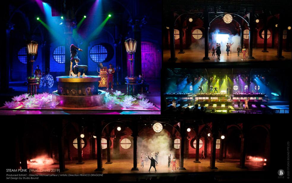 Steam Punk in Wuxi, China (2019): four scenes from a Dragone-directed show — acrobats on a clockwork drum among glowing lotuses, a Victorian iron-and-brick hall, a multi-level neon platform, and a smoke-filled finale tableau.
