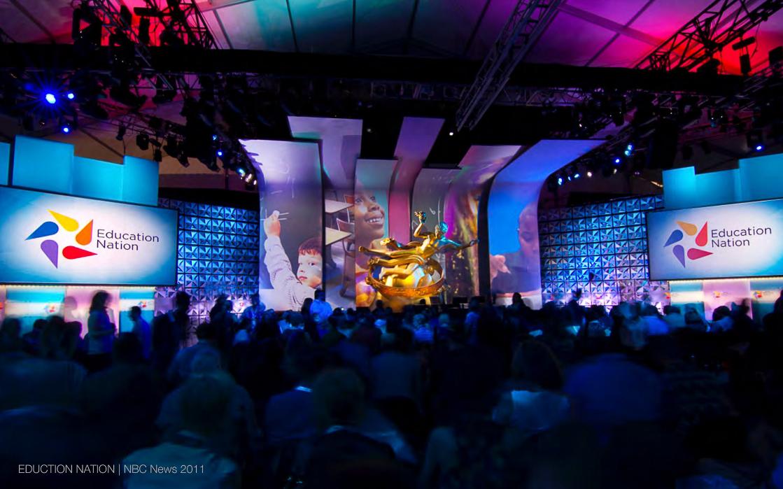 NBC News' Education Nation at Rockefeller Center (2011) — the Emmy-winning in-the-round broadcast environment. Production design by Patrick Larsen.