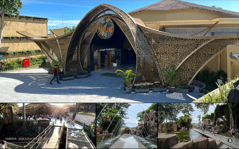 Bamboo-arched Varuna entrance at Bali Safari & Marine Park, with venue and dining terraces alongside the aquarium theatre.