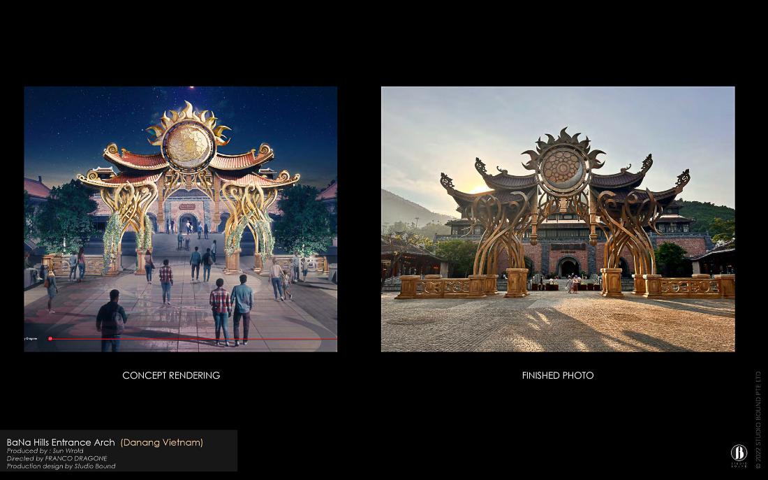 Concept rendering beside the finished build — the design intent and the as-built reality, side by side. Production design by Patrick Larsen, Studio Bound.