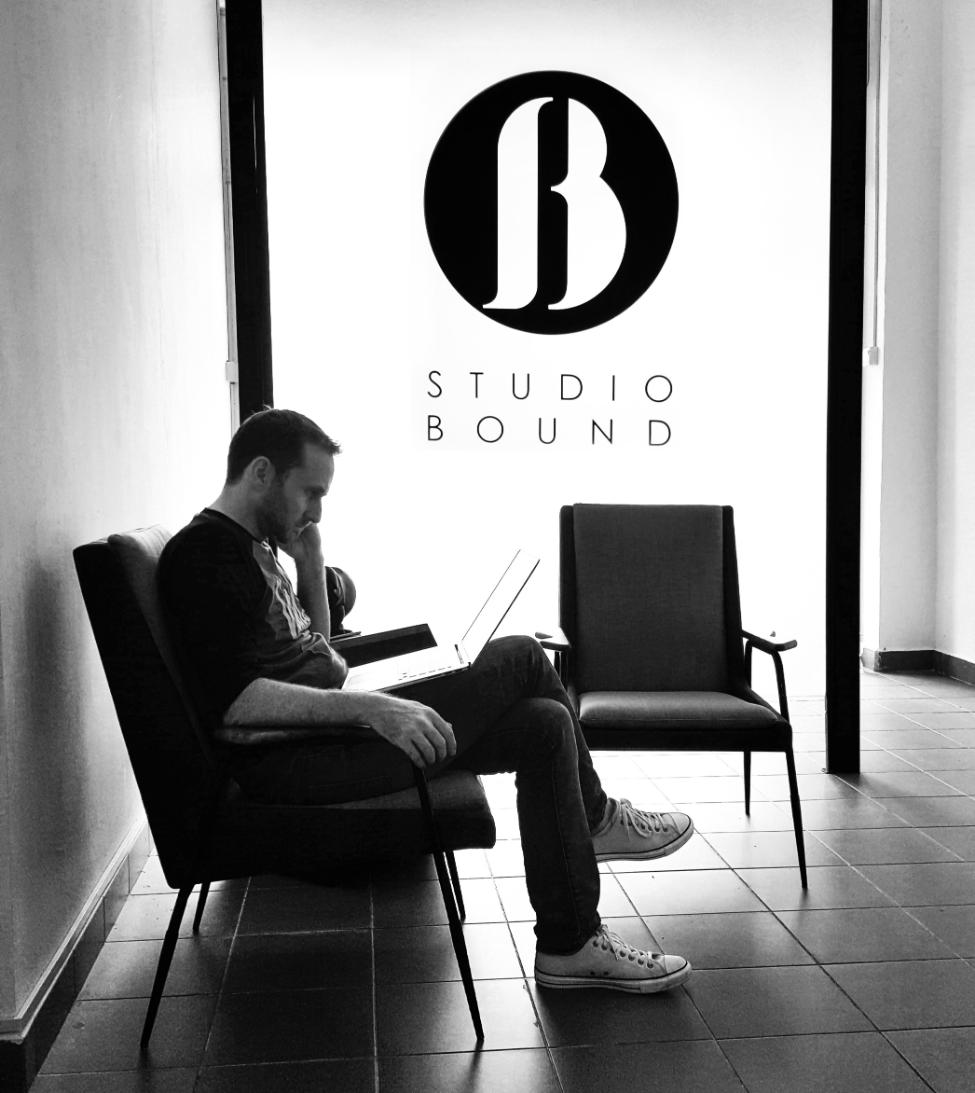 Patrick Larsen working in the Studio Bound office.