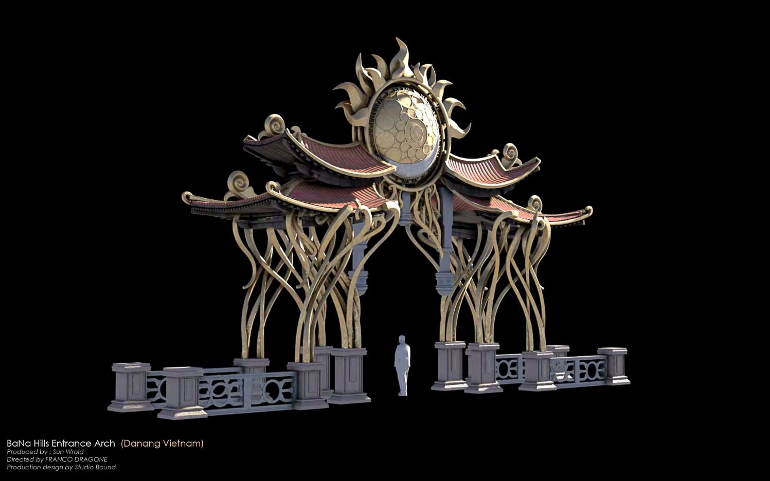 3D form study of the Base Camp entrance arch — the sculptural language of flame, sun and intertwined columns resolved in monochrome before any colour or context. Production design by Patrick Larsen, Studio Bound.