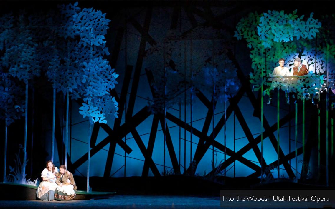 Patrick Larsen's Into the Woods at Utah Festival Opera — characters on the forest floor with the bakers in a treetop nook above.