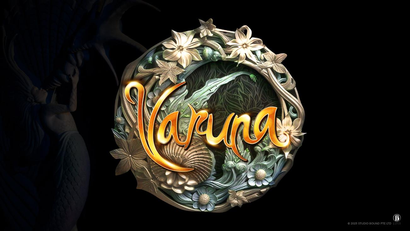 Ornate golden Varuna emblem — carved shell, flowers and script framed against a black backdrop with a mermaid silhouette.