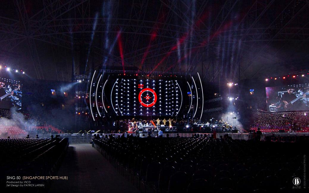 Sing50 at the National Stadium, Singapore Sports Hub (2015) — the SG50 golden-jubilee concert. Stage design by Patrick Larsen.