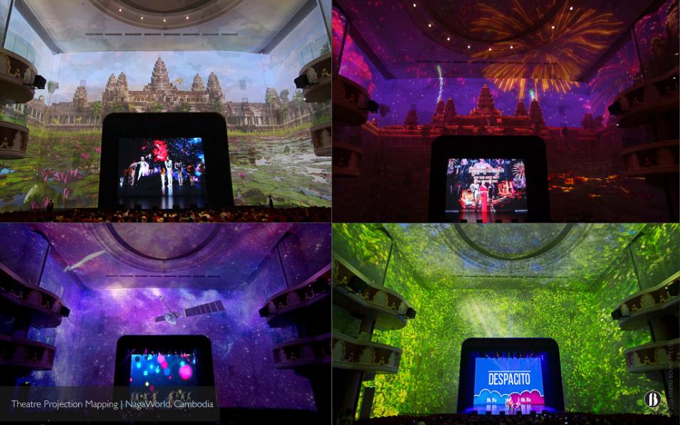 Projected scenes transforming the NABA Theatre interior