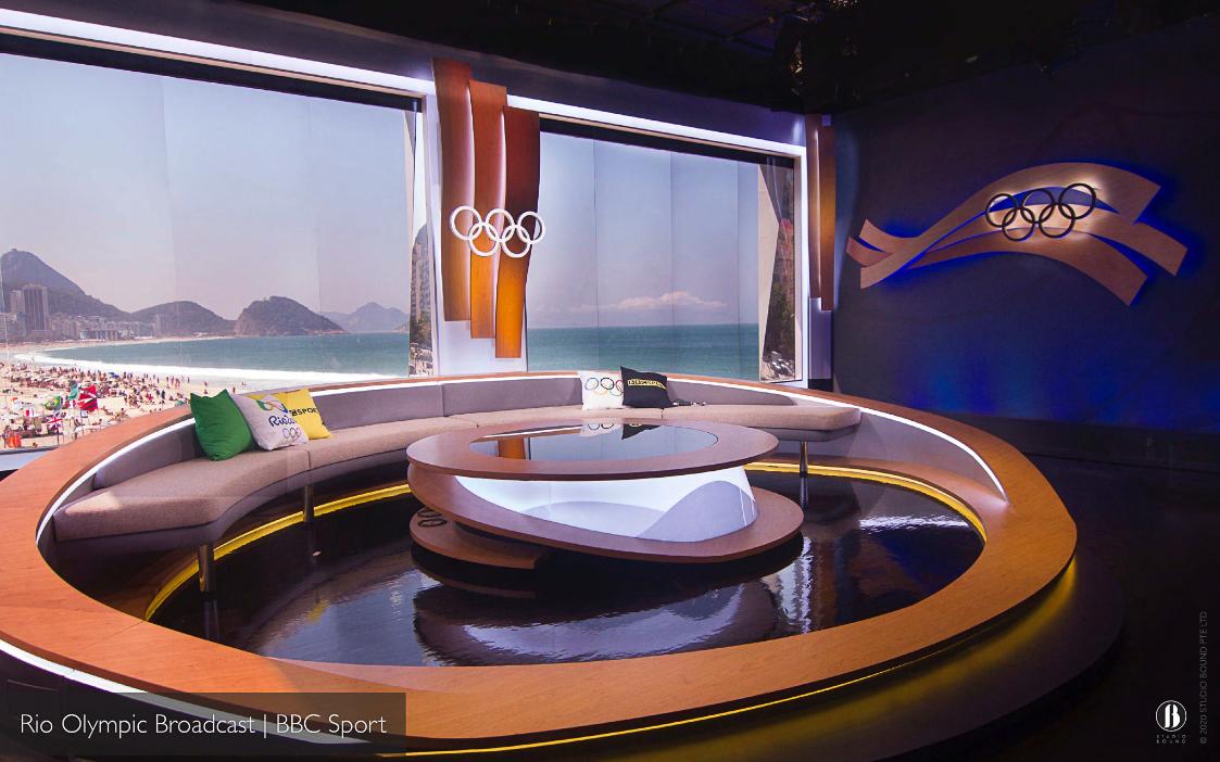 BBC Sport's Rio 2016 Olympic broadcast set — a curved sofa and circular desk overlooking Copacabana Beach. Production design by Patrick Larsen.