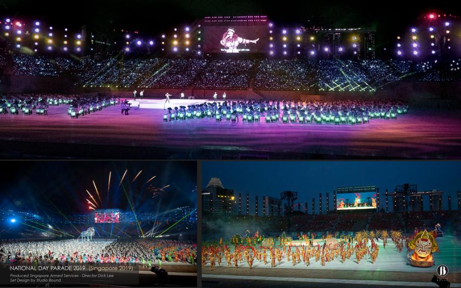Three moments from the show: the stadium drummer ring at full intensity, fireworks and lasers over the main stage, and the cultural procession of floats and ensembles. Set and prop design by Patrick Larsen, Studio Bound.