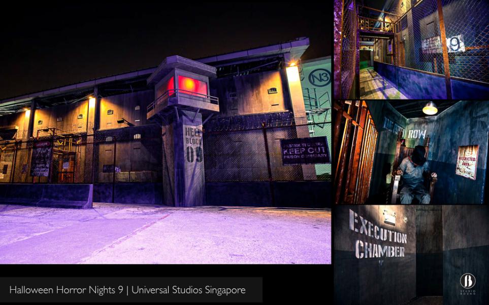 HHN9 prison-block facade with guard tower, cell-block corridor and Execution Chamber signage.