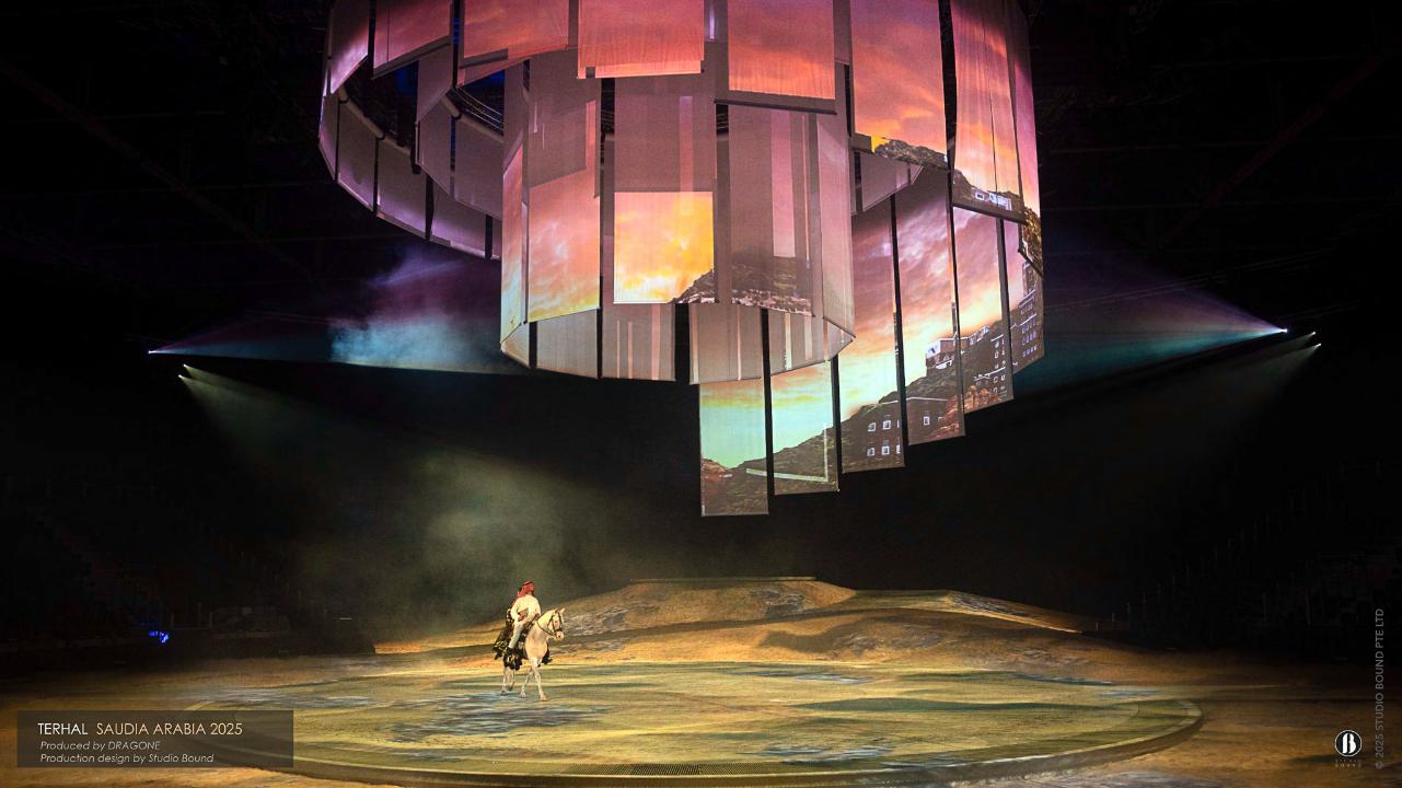 A 36-metre main stage split into two performance areas.