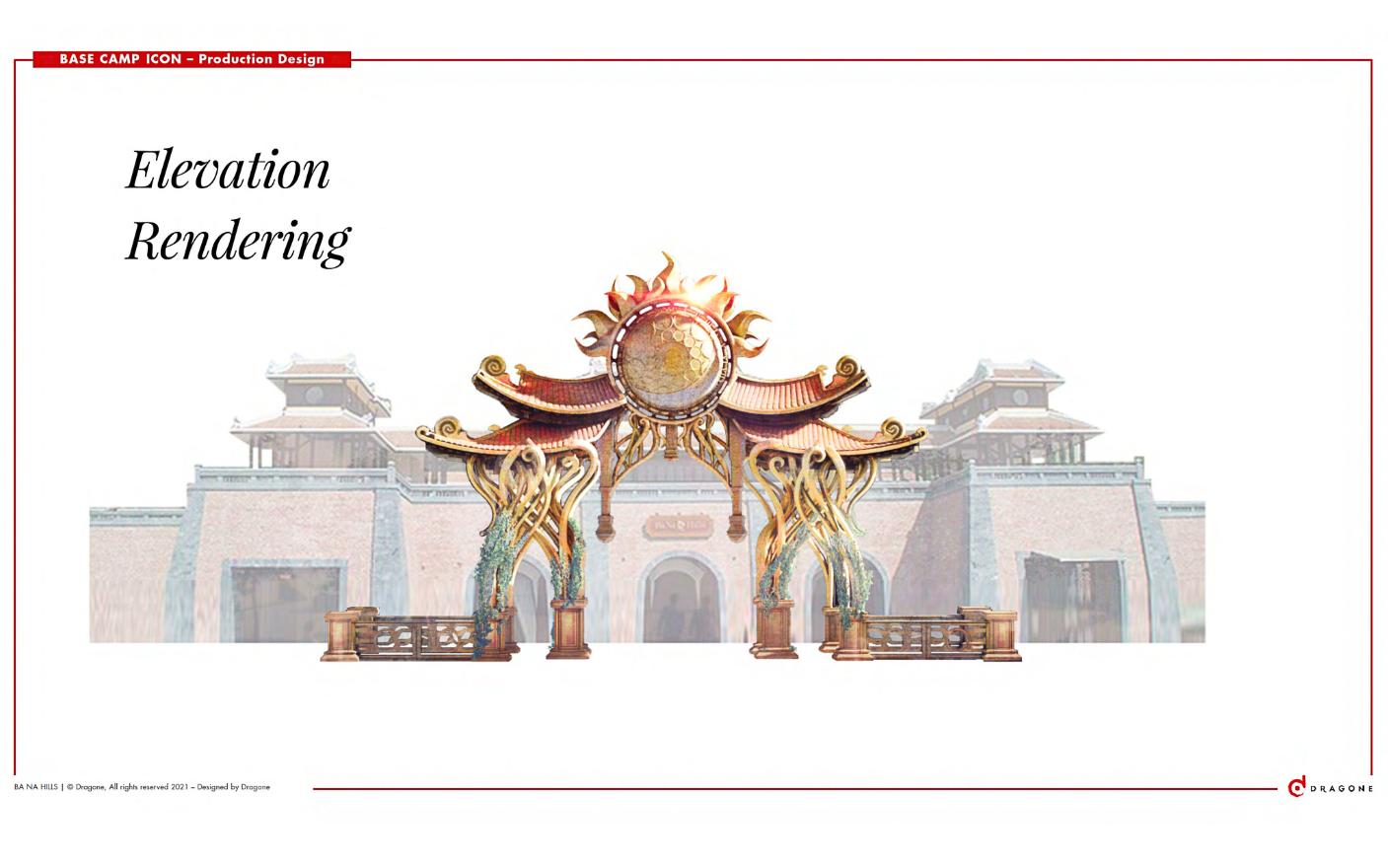 Elevation rendering of the Base Camp arch set against the existing resort façade — establishing scale, alignment and the dialogue between new sculpture and historic architecture. Production design by Patrick Larsen, Studio Bound.