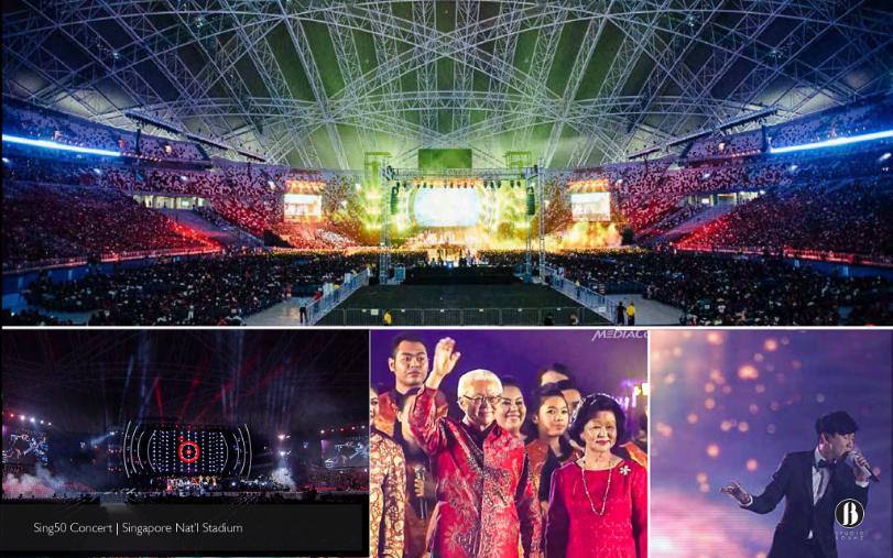 Composite of Sing50 at the National Stadium: a packed stadium bowl bathed in red and gold, a wide shot of the orb-wall stage, Singapore leaders on stage, and a soloist under floating lanterns of light.