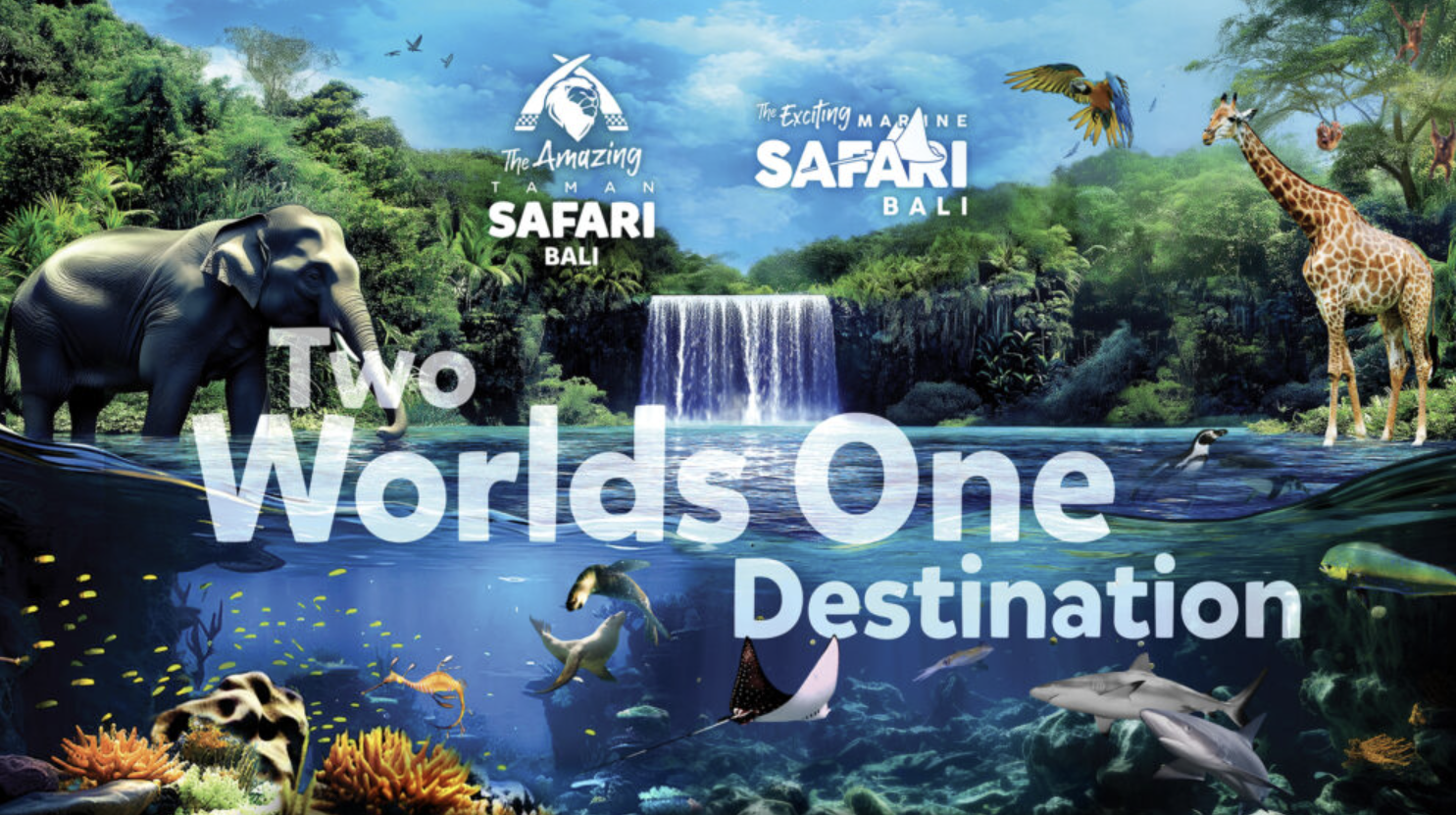 Taman Safari Bali and Marine Safari Bali marketing key art — "Two Worlds, One Destination", a split above-and-below composition of rainforest wildlife and reef life.