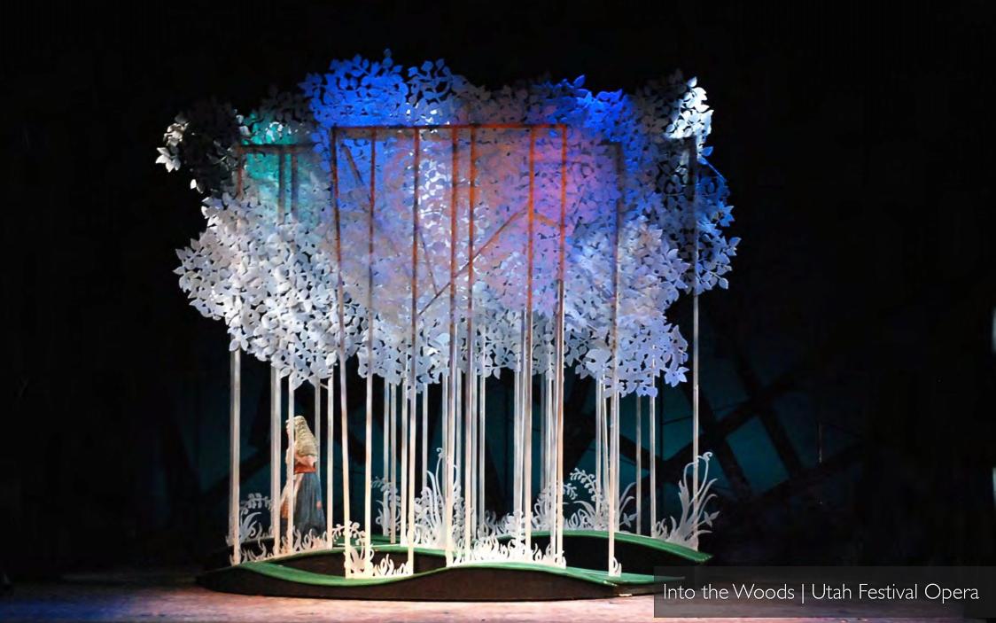Patrick Larsen's scenic design for Sondheim's Into the Woods at Utah Festival Opera & Musical Theatre — paper-cut forest at the Ellen Eccles Theatre.