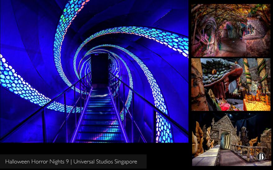 HHN9 illuminated tunnel entrance leading into a Southeast Asian temple maze with serpent shrine.