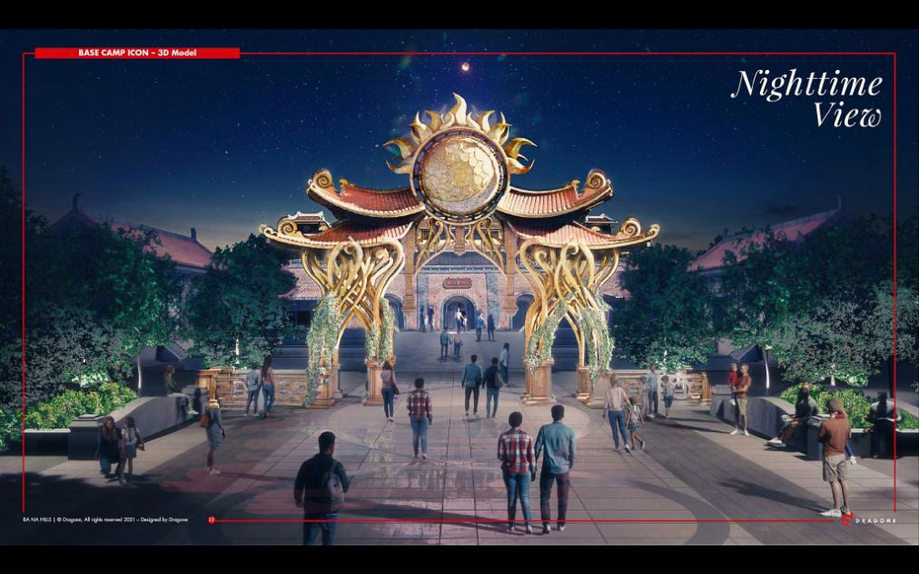 Nighttime concept — the same arch under stars, lit from within, designed to perform after dark as confidently as in daylight. Production design by Patrick Larsen, Studio Bound.
