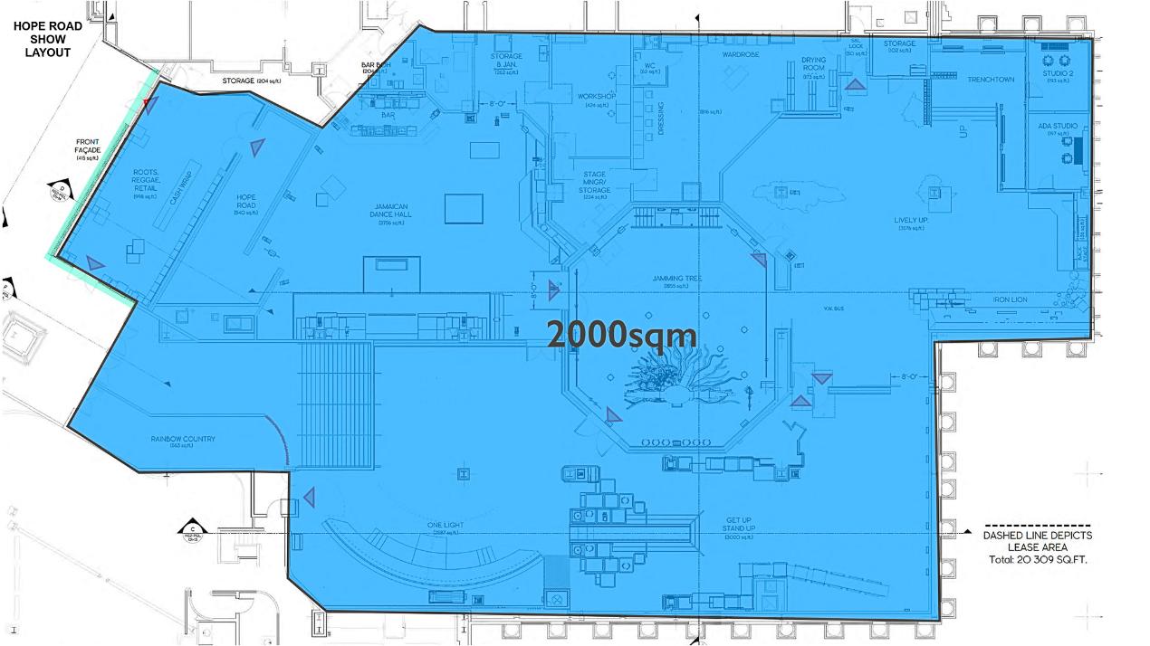 Themed-attraction floor plan with labelled zones across a 2,000 sqm footprint