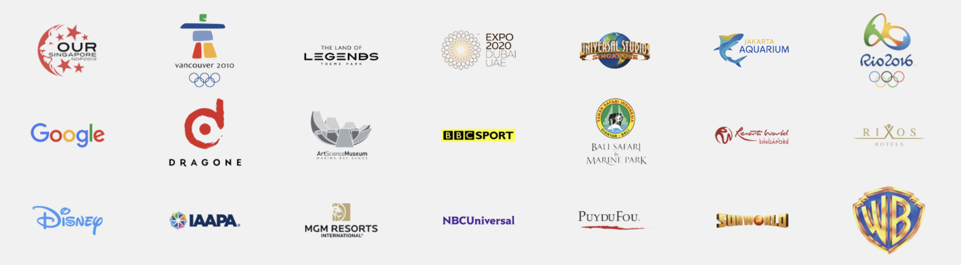 Client logos including Disney, Warner Bros, Google, NBCUniversal, BBC Sport, MGM Resorts, Universal Studios, Expo 2020 Dubai, Vancouver 2010 Olympics, Rio 2016 Olympics, Dragone, Puy du Fou, IAAPA, and more
